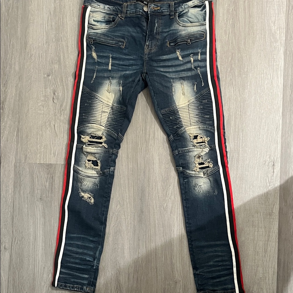 Distressed Blue Jeans with Red Stripe